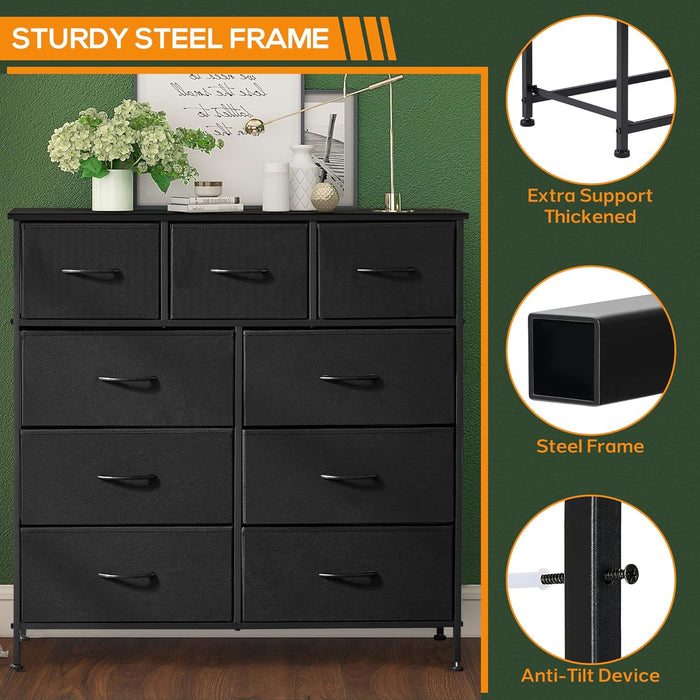 9 Drawer Dresser, Wide Chest Of Drawers Nightstand Storage Tower Storage Dresser Fabric Dresser With Wood Top for Living Room, Bedroom, Hallway, Nursery, Black