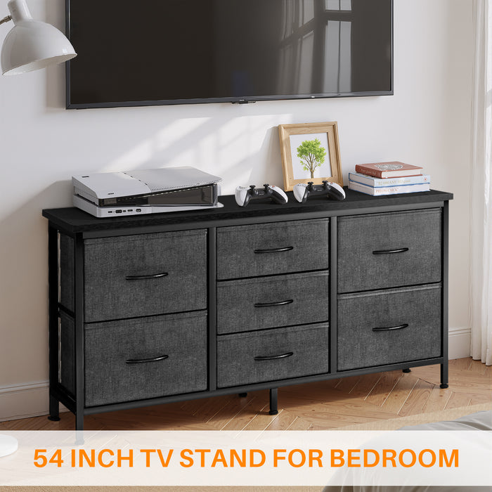 Bigleap 7-Drawer Fabric TV Stand with Wood Shelf - Versatile Media Console Dresser for Bedroom, Living Room & Small Spaces, Holds up to 50" TV, Gray