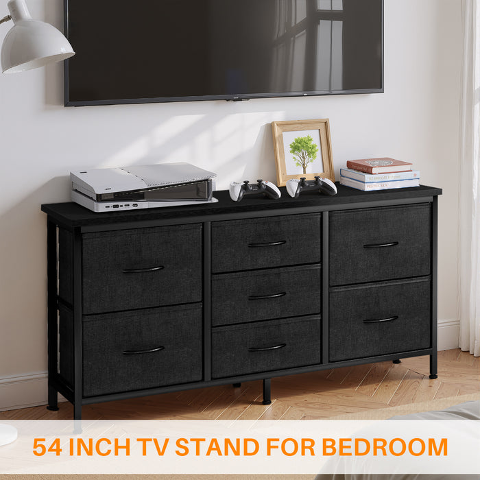 Bigleap 7-Drawer Fabric TV Stand with Wood Shelf - Versatile Media Console Dresser for Bedroom, Living Room & Small Spaces, Holds up to 50" TV, Black