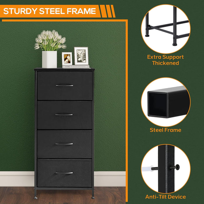 4 Drawer Dresser, Tall Chest Of Drawers Nightstand Storage Tower Storage Dresser Fabric Dresser With Wood Top for Living Room, Bedroom, Hallway, Nursery, Black