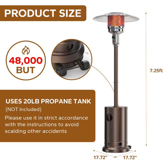 Propane Patio Heater, 48,000 BTU Steel Patio Heater,  Premium Standing Propane Patio Heater with Wheels and Cover, Brown