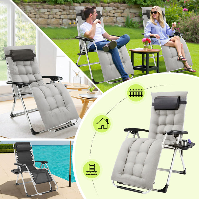 Simenmax Zero Gravity Chair, Reclining Camping Lounge Chair for Indoor, Reclining Patio Chairs with Cup Holder Trays and Removable Cushion, Folding Recliner for Outdoor,Gray