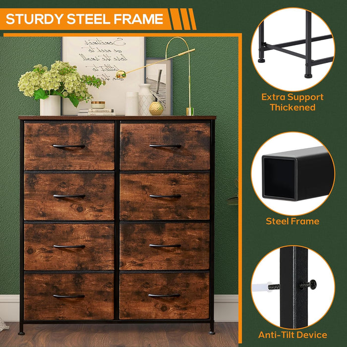 8 Drawer Dresser, Tall Chest Of Drawers Nightstand Storage Tower Storage Dresser Fabric Dresser With Wood Top for Living Room, Bedroom, Hallway, Nursery, Rust