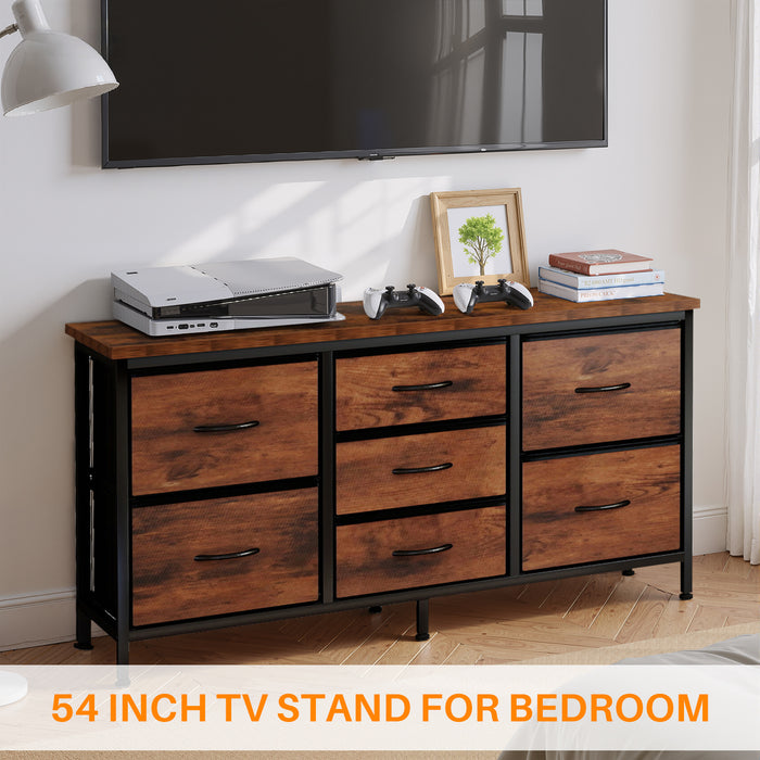 Bigleap 7-Drawer Fabric TV Stand with Wood Shelf - Versatile Media Console Dresser for Bedroom, Living Room & Small Spaces, Holds up to 50" TV, Brown