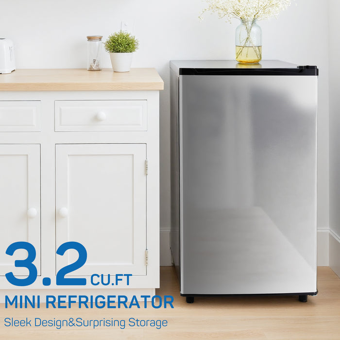 Sybels 3.2 Cu.Ft Mini Fridge with Freezer, Compact Single Door, Adjustable Thermostat & Low Noise, Perfect for Bedroom, Dorm, Office, Silver
