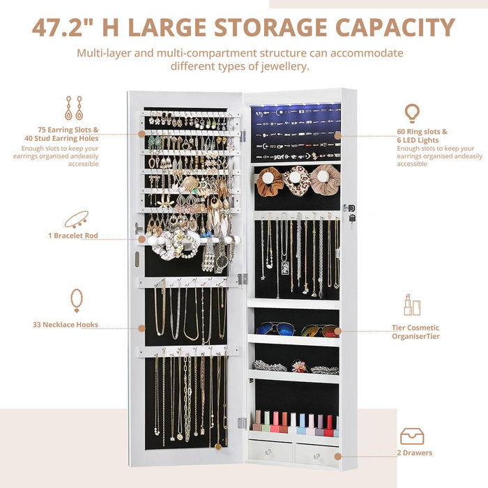 Simenmax Mirror Jewellery Cabinet Lockable Wall Mounted Jewelry Armoire Organizer with LED Light