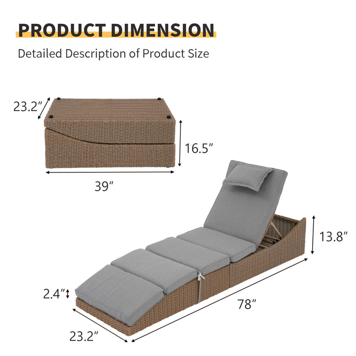 Pre-Assembled Outdoor PE Wicker Chaise Lounge, Waterprrof Patio Folding Lounge Chairs, Outside Poolside Lounger, Rattan Recliners with Adjustable Backrest for Garden, Poolside, Balcony - 1 Pack