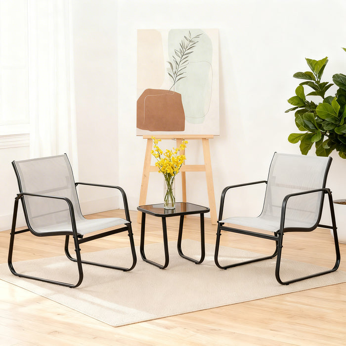 Bigleap 3-Piece Outdoor Rocking Set with Textilene Chairs & Glass Table – Patio, Garden, Poolside Conversation Set, Gray