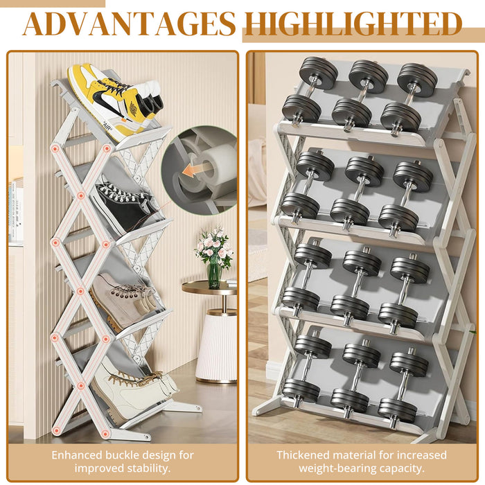 4-Tier Folding Shoe Rack, Adjustable Space-Saving Shoe and Boot Organizer, 2-Mode Floor Mount Shoe Holder, Free-Standing Shoe Shelf for Closet, Hallway, Entryway, Bedroom & Bathroom Holds 8-12 Pairs