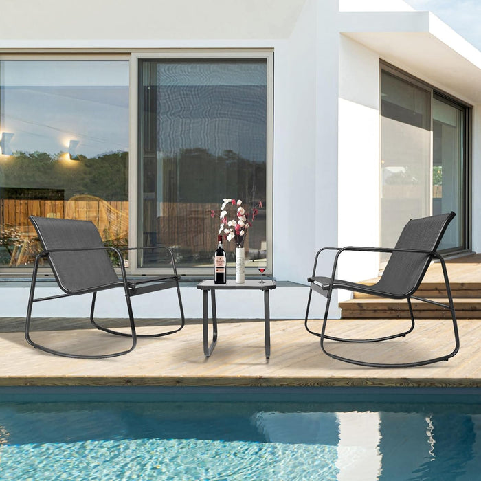 Simenmax 3-Piece Outdoor Rocking Set, Outdoor Furniture Set with Textilene Chairs & Glass-Top Table, Conversation Set of 3 for Porch, Lawn, Garden, Yard, Balcony, Poolside, Black