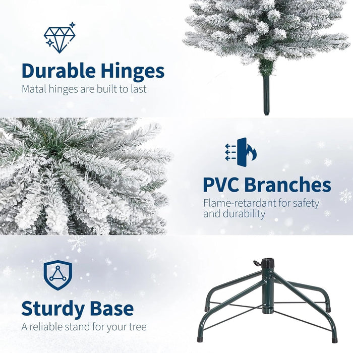 Simenmax 4.5ft Pre-Lit Snow Flocked Pencil Christmas Tree Hinged Slim Skinny Corner Xmas Tree with Warm Lights Snow Branch Tips, White