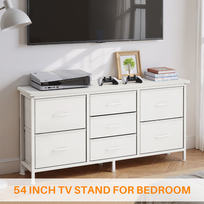 Bigleap 7-Drawer Fabric TV Stand with Wood Shelf - Versatile Media Console Dresser for Bedroom, Living Room & Small Spaces, Holds up to 50" TV, White