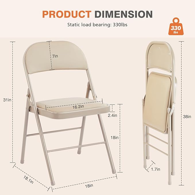 Sybels Folding Chairs Padded 2 Pack - Metal Indoor Outdoor Portable Foldable Chair for Party, Kitchen，Kahki