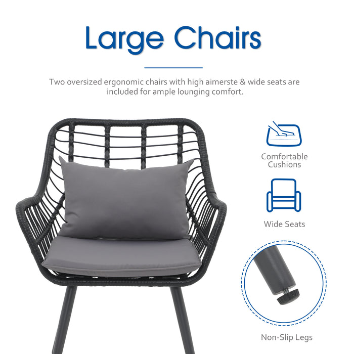 3 Piece Patio Furniture Set, Outdoor Wicker Conversation Chair Sets, All-Weather Rattan Bistro Set with Glass Top Table, Cushions & Lumbar Pillows for Front Porch, Balcony, Deck, Backyard, Poolside