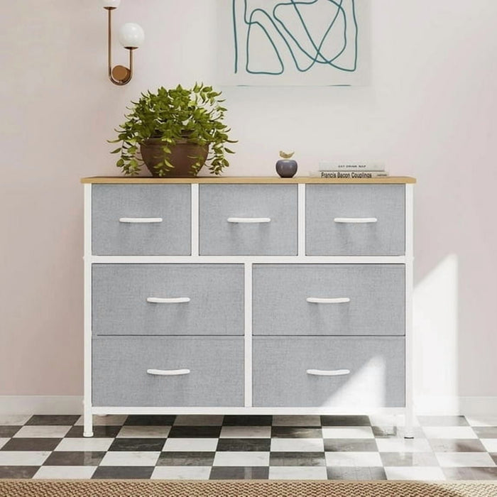 Betcozy 7-Drawer Fabric Dresser, Horizontal TV Stand & Main Bedroom Clothes Storage Unit, Metal Frame with Wooden Top, Gray