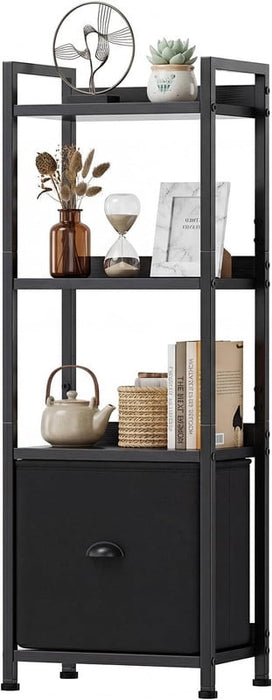 Bigleap 4-Tier Narrow Bookshelf with Fabric Drawer, Tall Slim Bookcase for Small Spaces, Industrial Storage Rack for Living Room, Bedroom, Home Office, Black