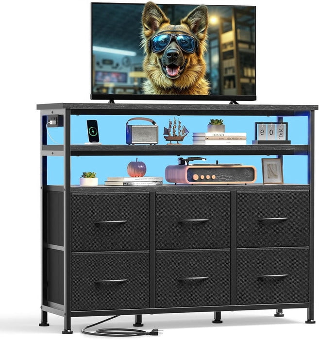 Simenmax TV Stand for Up to 45 Inch TV, Wood Top Media Console with 6 Fabric Drawers, LED Lights & Charging Station,Black