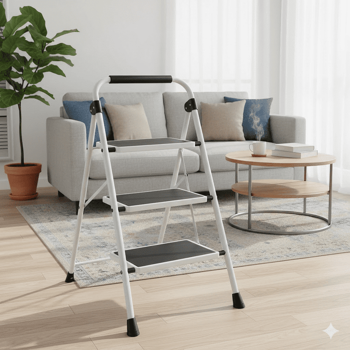 Betcozy 3 Step Ladder, Foldable Lightweight Step Stool, Anti-Slip Pedal, Rubber Handle, Automatic lock, Ladder for Home Kitchen, Living room, Office, Gray