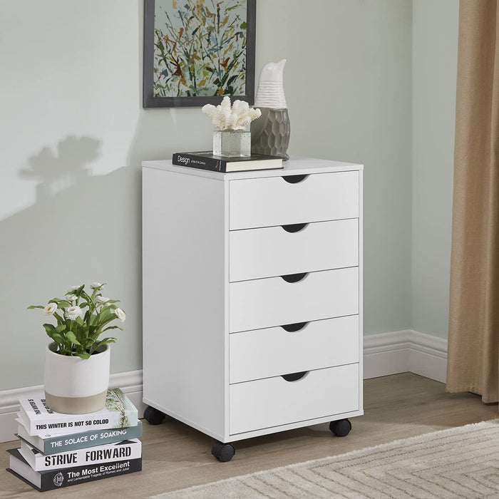 Blorly 5 Drawer Storage Organizer, 25.39'' Height File Cabinets Dressers With Wheels, Wood Underdesk Cabinet For Home Office, Bedroom, Study, White