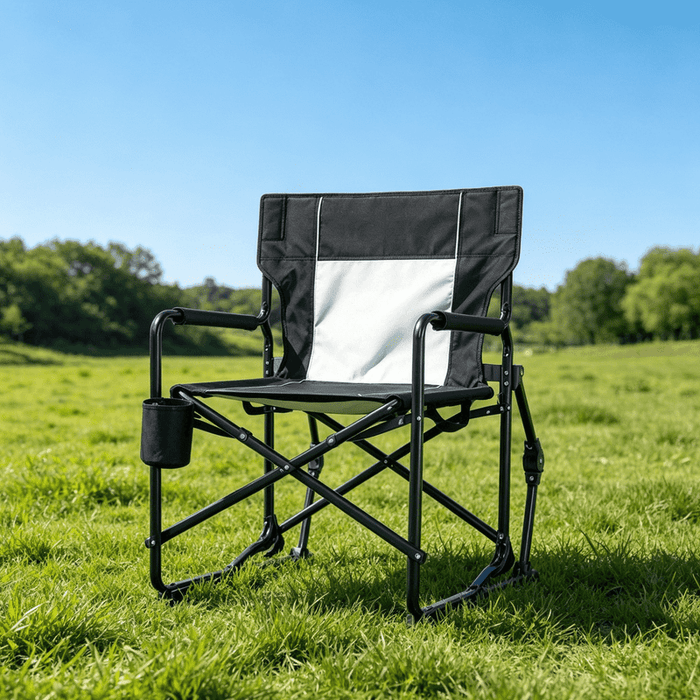 Blorly Folding Camping Rocking Chair, Heavy Duty Outdoor Rocker with Hard Armrest and Breathable Mesh Back, Smooth Motion Lawn Chair with Cup Holder for Patio, Campfire and Tailgating, Black