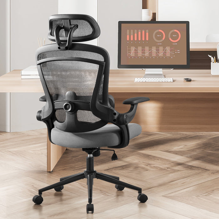 Betcozy Ergonomic Office Chair, Mesh Chair with High Back, Lumbar Support, Headrest and Flip-up Armrests, Rolling Work Swivel Task Chairs for Home Office, Gray