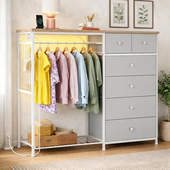 Simenmax 6-Drawer Storage Closet with LED Lights & Charging Station, 49.2" Wide Wooden Wardrobe Rack with Fabric Bins,Portable Clothing Organizer for Bedroom, Entryway, Light Gray