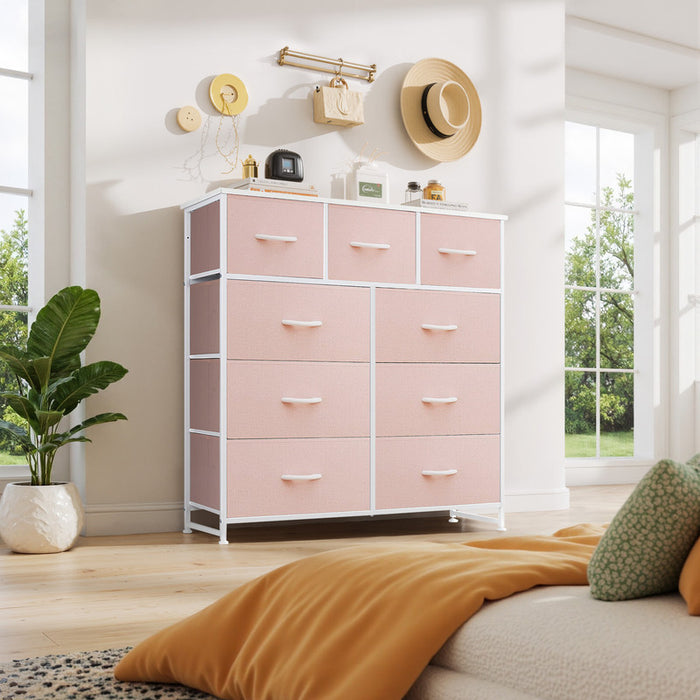 Blorly 9 Drawers Dresser, Storage Dresser Organizer with Drawers, Chest of Drawers, Dresser with Metal Frame and Wood Tabletop for Bedroom, Guest Room, Closet, Entryway, Nursery, Pink
