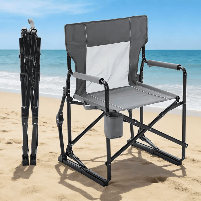 Bigleap Rocker Camping Chair, Portable Folding Rocking Chair with Solid, Durable Armrests, Drink Holder & Comfortable Mesh Backrest — Gray