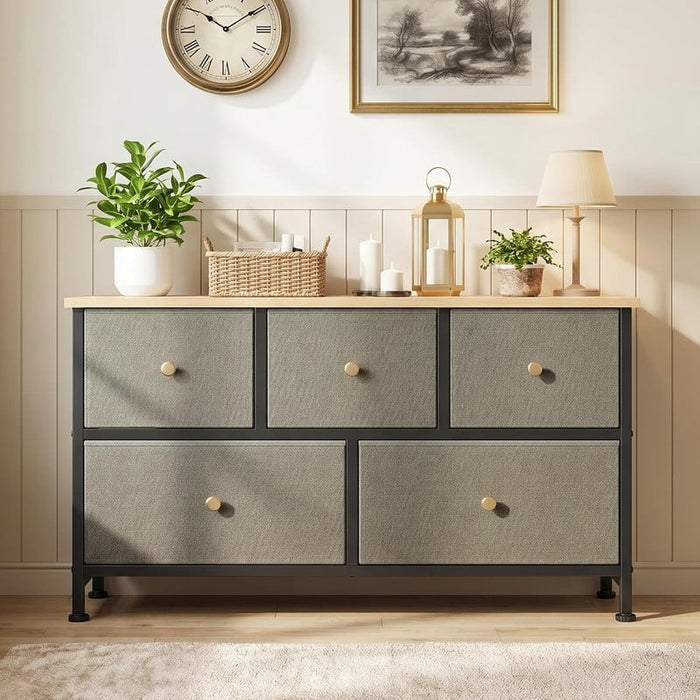 Simenmax 5 Dresser for Bedroom, 5 Storage Drawers, Wide Fabric Closet Chests Organizer Tower Furniture with Wooden Top Metal Frame for Clothes, Room, Living Room, Hallway, Entryway, Ink Green