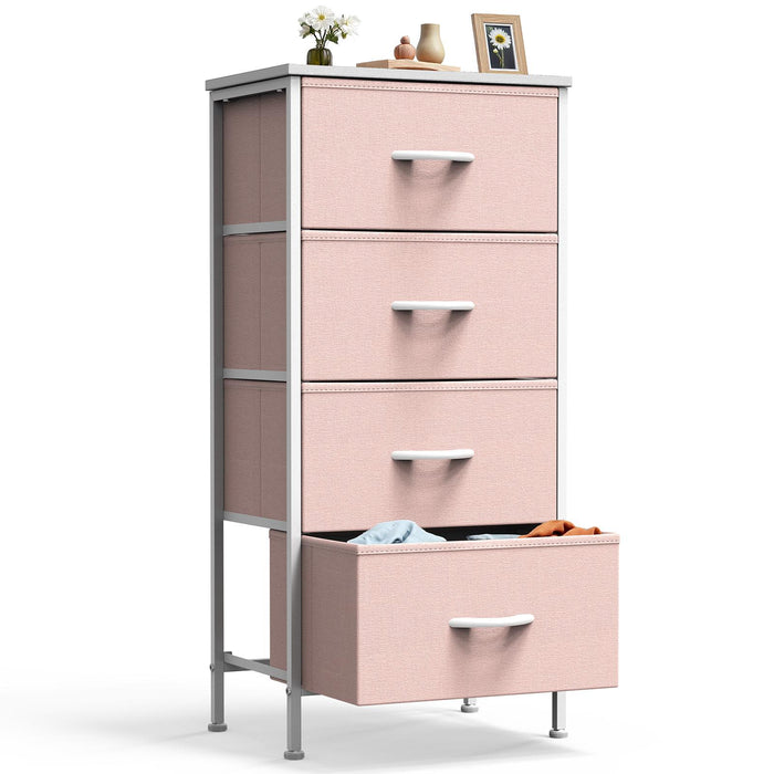 Bigleap 4 Drawer Dresser with Wood Top, Fabric Storage Tower & Tall Chest for Bedroom, Living Room, Hallway Organization, Pink