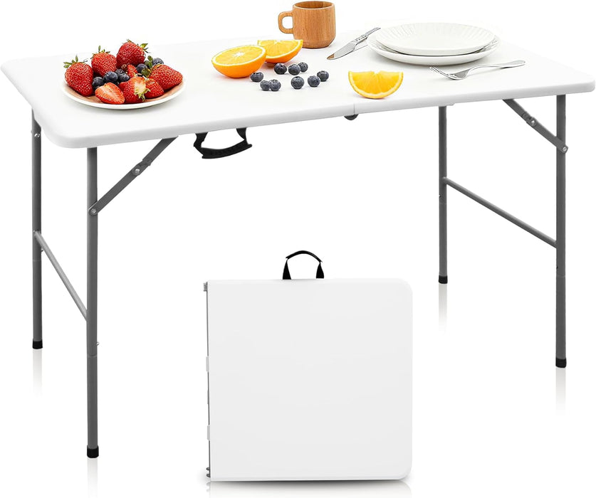 Simenmax Folding Table 4 FT Plastic Foldable Table with Portable Carrying Handle for Party Picnic Camping BBQ Dining Kitchen, White