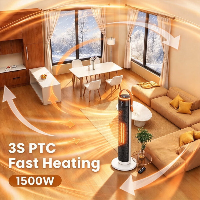 Betcozy 1500W Portable Tower Space Heater with Ambient Light, Carry Handle, Remote Control, 4 Modes, ECO Mode, 15-Hour Timer, White