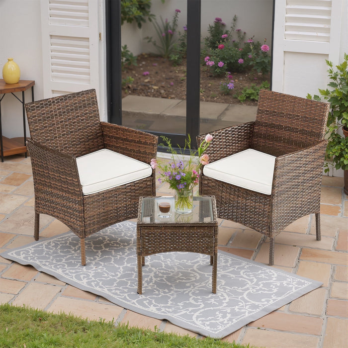 Betcozy Patio Furniture Set, 3 PCS Rattan Patio Chairs Conversation Sets with Coffee Table and Cushion, Outdoors Wicker Bistro Chair Sets, Weather-Resistant, Beige