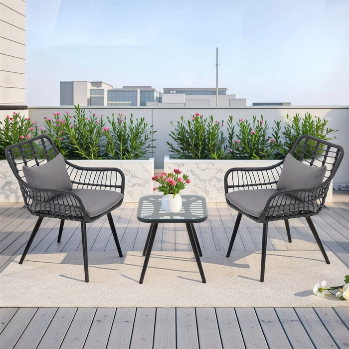 3 Piece Patio Set, Outdoor Furniture Wicker Bistro Set Rattan Chair Conversation Sets with Coffee Table and Cushions