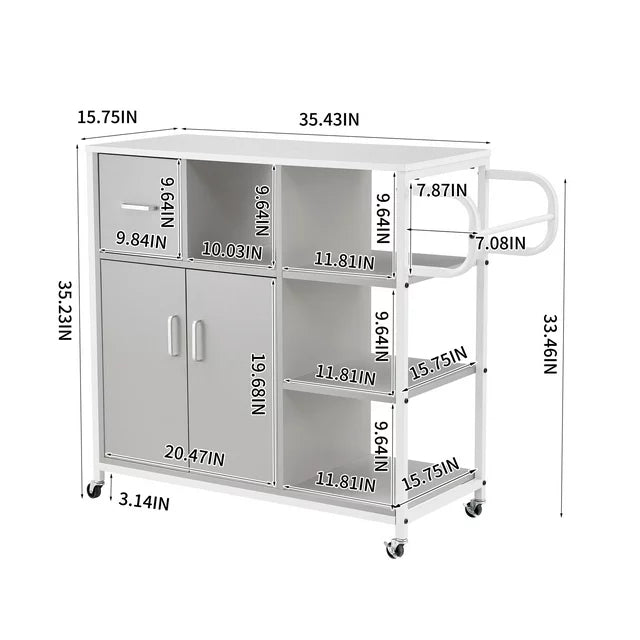 Mydepot Kitchen Island Cart with Lockable Wheels, Utility Kitchen Cart with Drawer and Locker, Open Storage Shelves, Suitable for Living Room, Dining Room, Bar