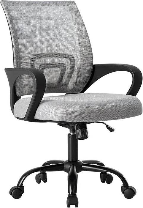 Simenmax Ergonomic Mid Back Office Chair, Gray Mesh Computer Desk Chair with Lumbar Support, Rocking Mode and Storage Back for Home Office
