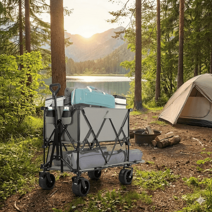 Blorly Double Decker Folding Wagon, 2-Tier Heavy Duty Utility Cart with 440lbs Capacity, 320L Extra Large Collapsible Wagon with All Terrain Wheels for Camping, Beach, Grocery, Gray