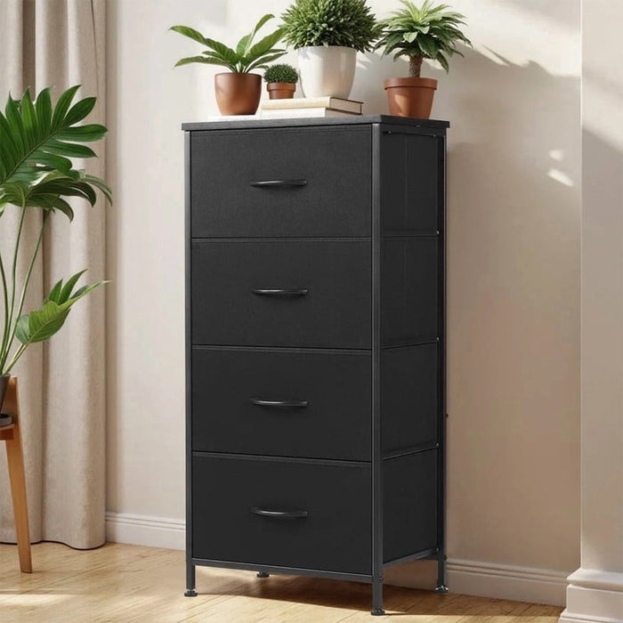 Nextay 4 Drawer Dresser, Fabric Storage Tower Organizer with Wood Top and Steel Frame for Bedroom, Closet, Hallway, Entryway,Black