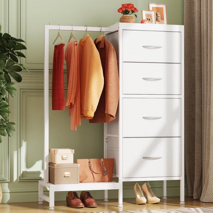 Bigleap 4-in-1 Storage Tower, Clothes Rack with Shoe Shelf and Drawers, Vertical Organizer for Entryway Living Room, White