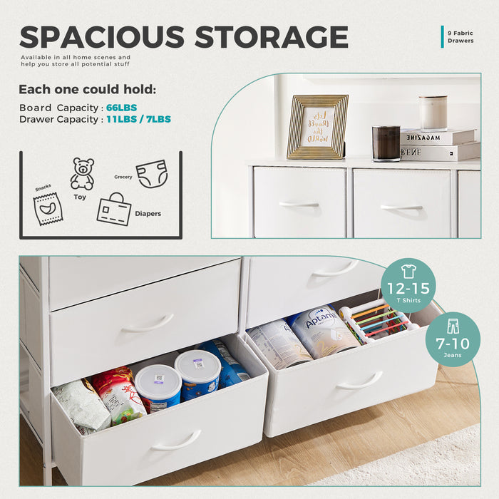 Bigleap 9 Drawer Dresser, Fabric Storage Tower Organizer with Wood Top and Steel Frame for Bedroom, Closet, Hallway, Entryway,White