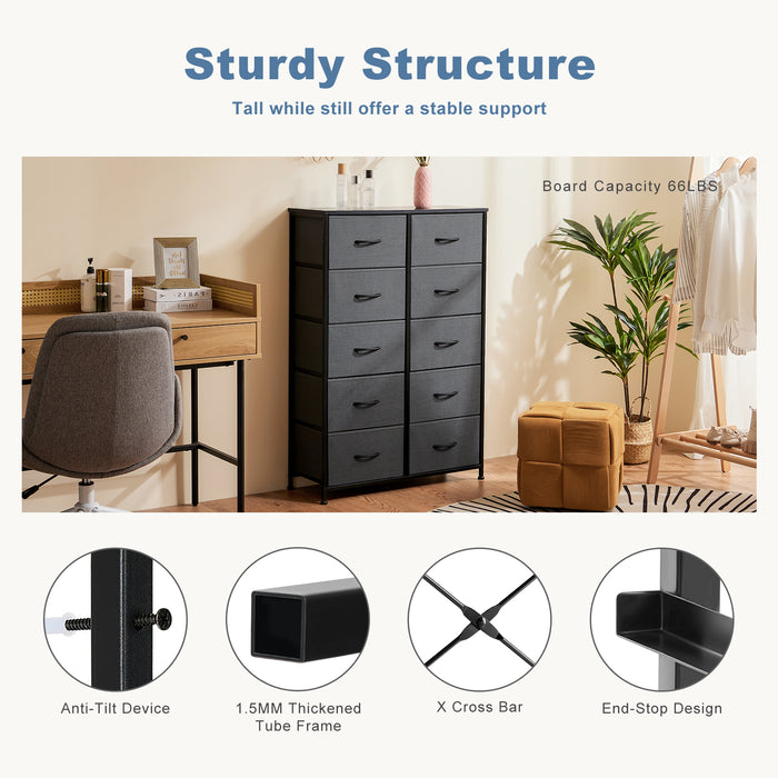 Bigleap 10 Drawer Dresser, Fabric Storage Tower Organizer with Wood Top and Steel Frame for Bedroom, Closet, Hallway, Entryway,Gray
