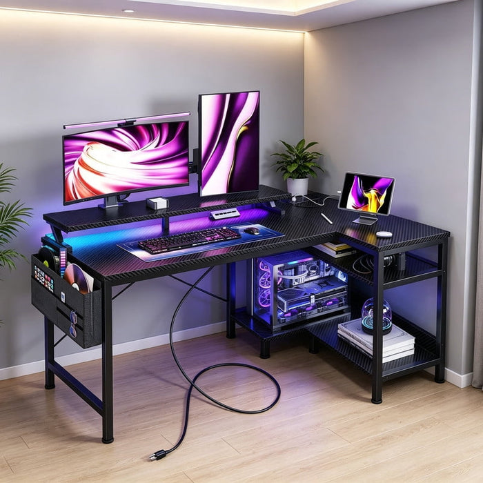 Betcozy L Shaped Gaming Desk with LED Lights and Power Outlet, 40" Corner Computer Desk with Full Monitor Stand, Small Space Home Office Workstation with Storage Shelves and Side Pocket, Black