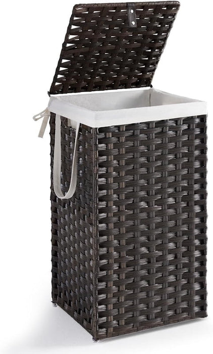 Simenmax 65L Foldable Laundry Hamper with Lid, Woven Laundry Basket with Removable Washable Liner, Rattan Clothes Hamper Sturdy Steel Frame Rattan Basket, Brown