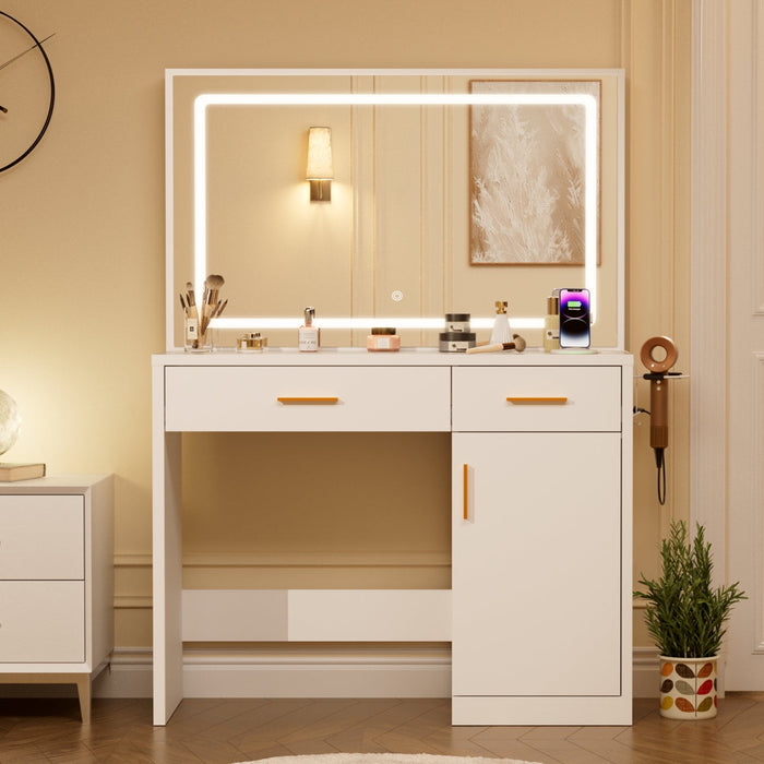 Blorly White Vanity Desk with Mirror, Makeup Vanity Table with Large LED Lights and Power Outlet, 2 Drawer, 1 Cabinet