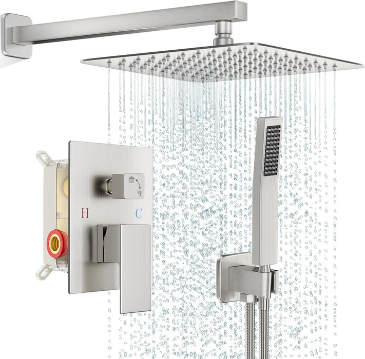 Simenmax 10'' Wall-Mounted Rain Shower System – Square Full Metal Thermostatic Mixing Valve Combo with Handheld Spray, Silver