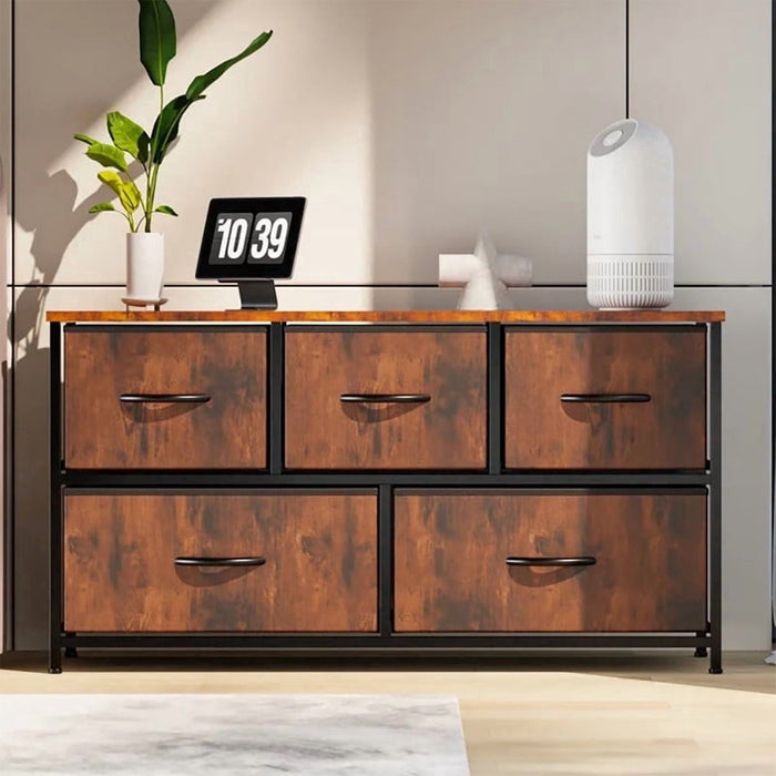 Nextay 5 Drawer Dresser, Fabric Storage Tower Organizer with Wood Top and Steel Frame for Bedroom, Closet, Hallway, Entryway,Brown