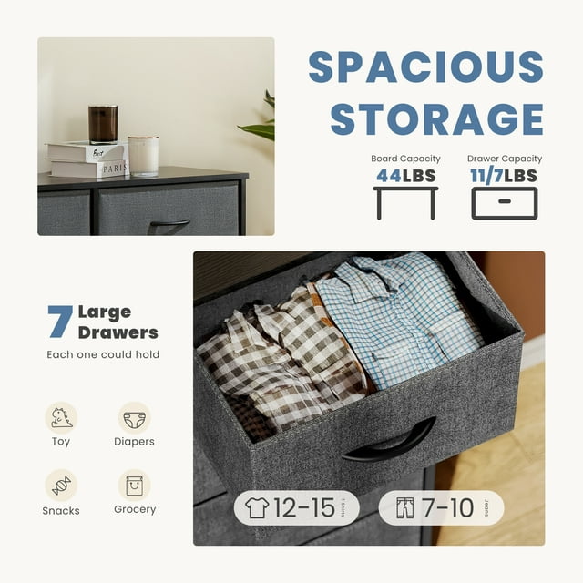 7 Drawers Fabric Dresser, Nightstand With Wide Chest Of Drawers,Storage Tower Storage Dresser Closet For Living Room, Bedroom, Hallway, Gray