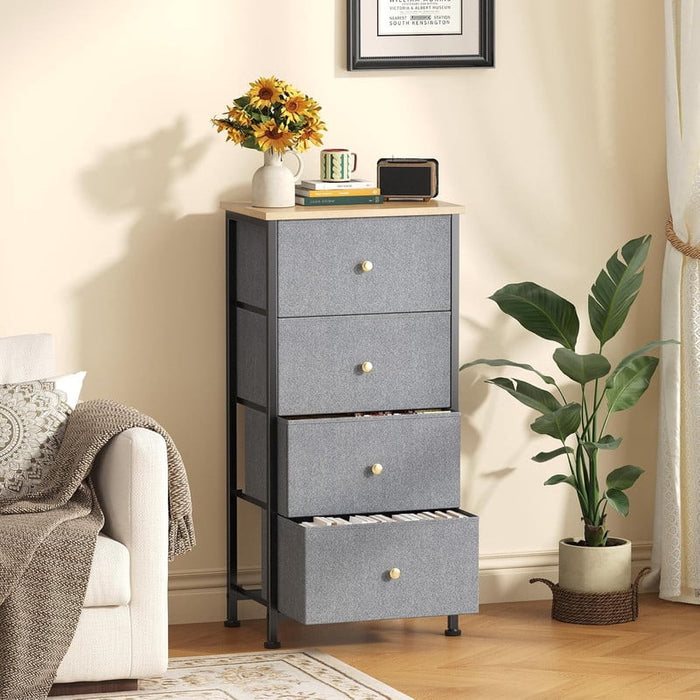 Nextay Narrow Fabric Dresser with Steel Frame, 4-Drawer Vertical Storage Tower Nightstand for Bedroom, Dorm, Entryway â€?Space-Saving Organizer for Small Spaces, Gray Blue