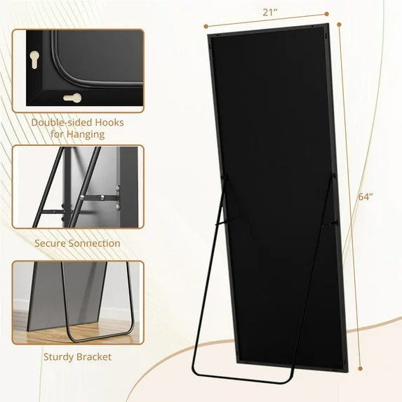 Sybels Rectangle Floor Mirror, 64" Full-Length Mirror in Aluminum for Bedroom & Living Spaces, Black