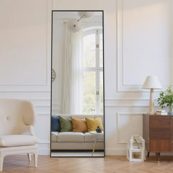 Sybels Rectangle Floor Mirror, 64" Full-Length Mirror in Aluminum for Bedroom & Living Spaces, Black